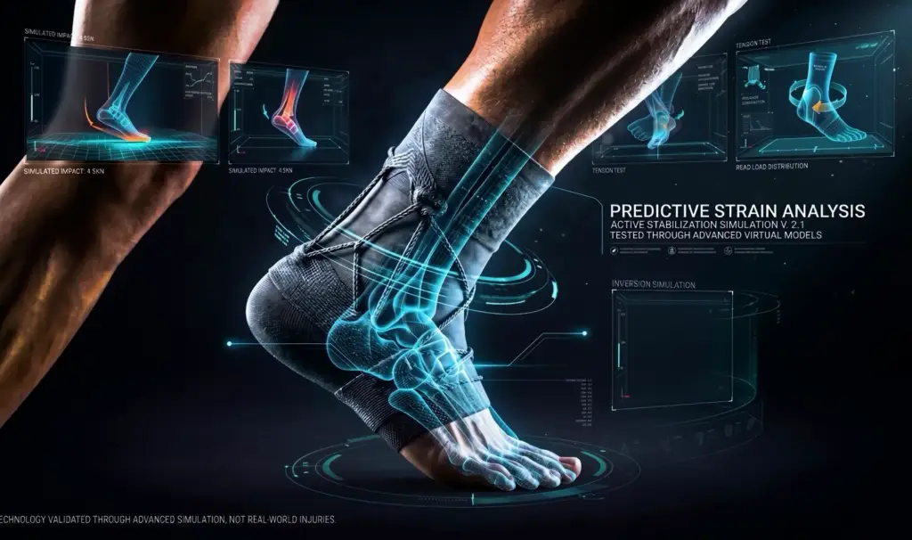 Ankle compression support with a predictive strain-analysis HUD overlay, CGI simulation visual.