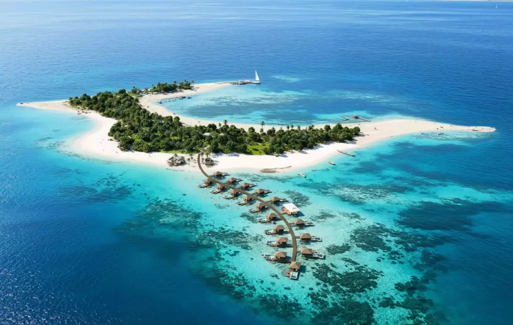 Island resort, Architectural exterior rendering, aerial view, overwater villas, turquoise lagoon