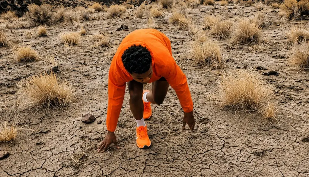 Athlete in orange crouching on cracked earth.