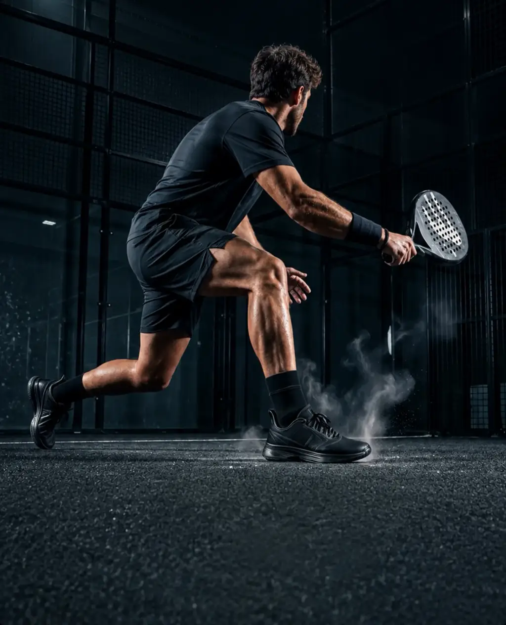 Athlete in dynamic basketball action with chalk dust.