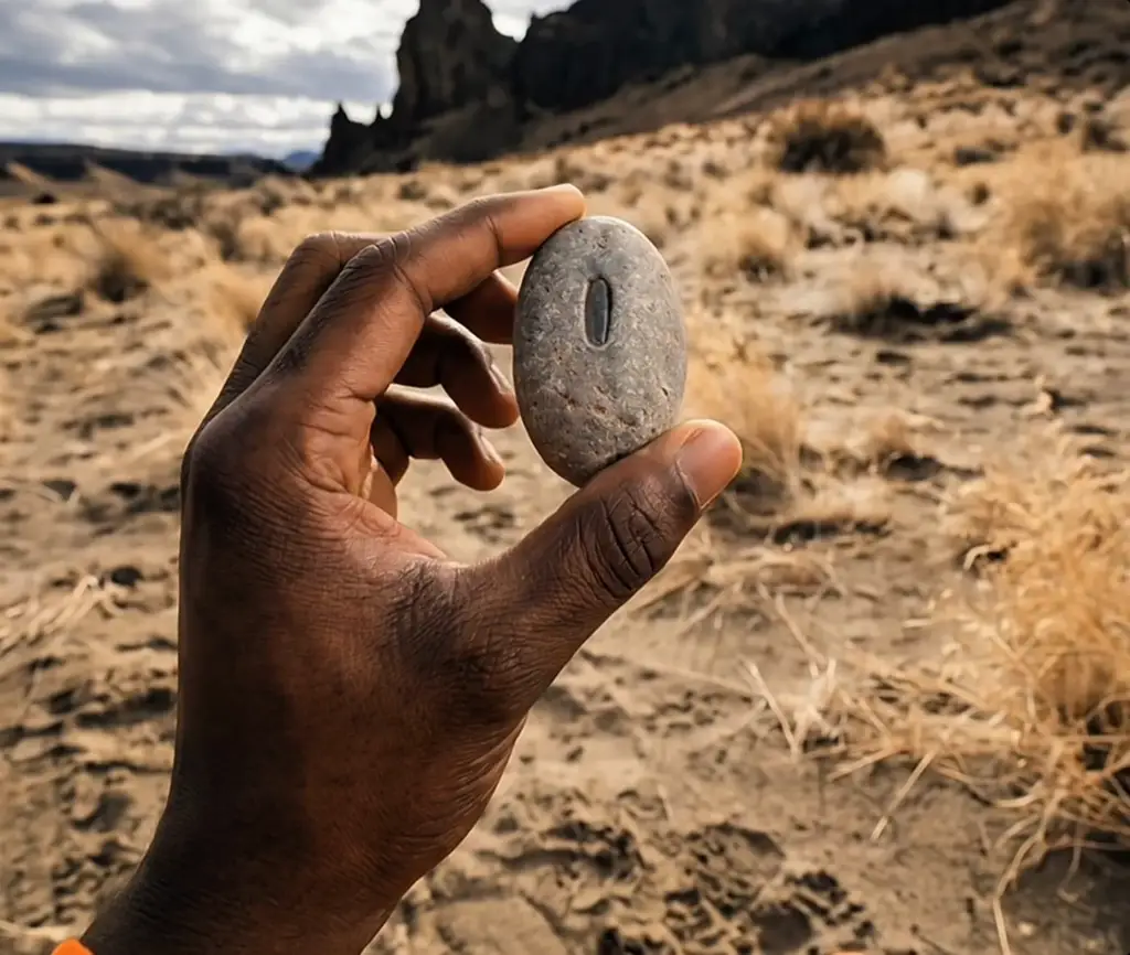 Athlete's hand holding a symbolic engraved stone in a desert landscape.