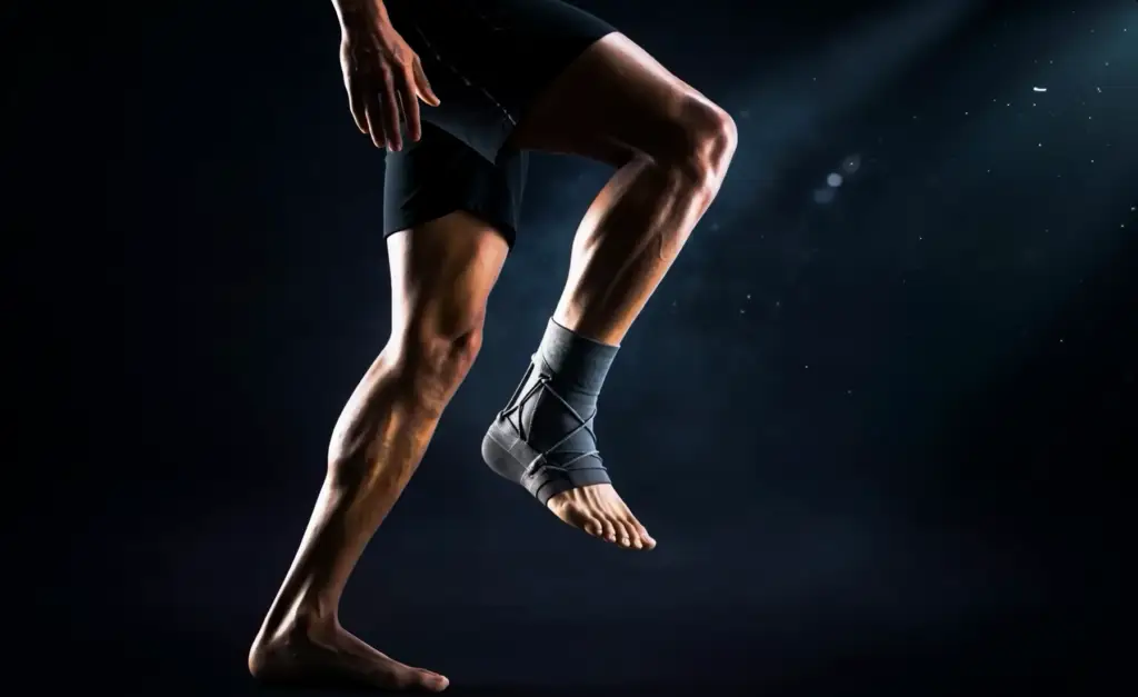 Athlete jumping in a dark studio, dynamic action.