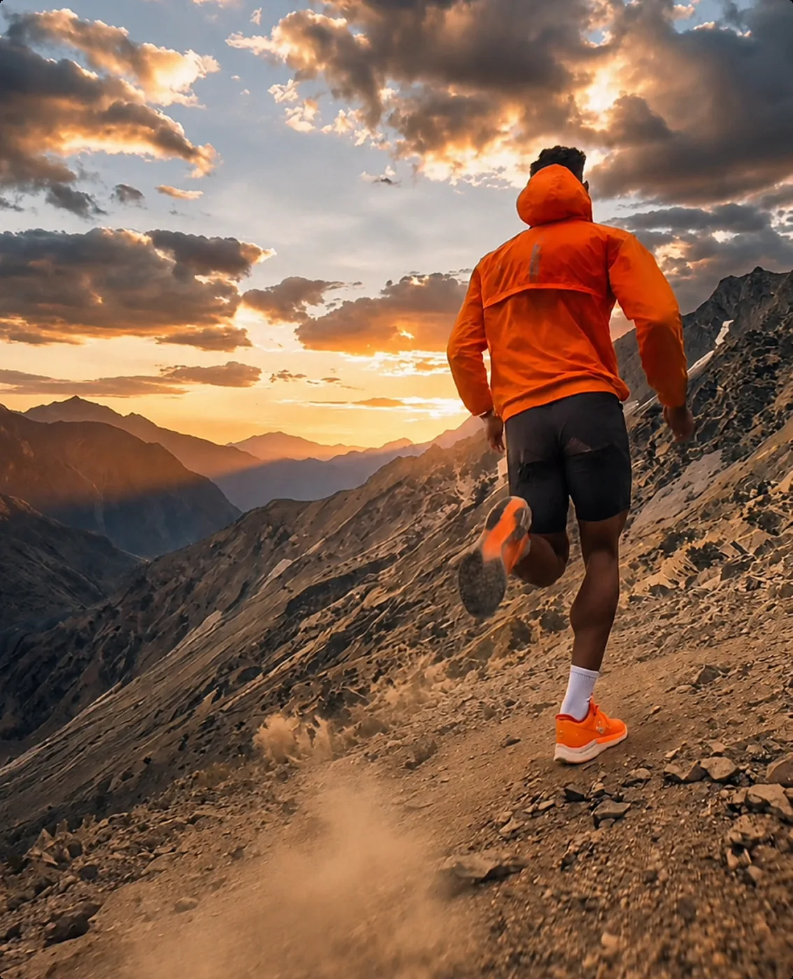 Athlete running in orange sportswear at sunset.