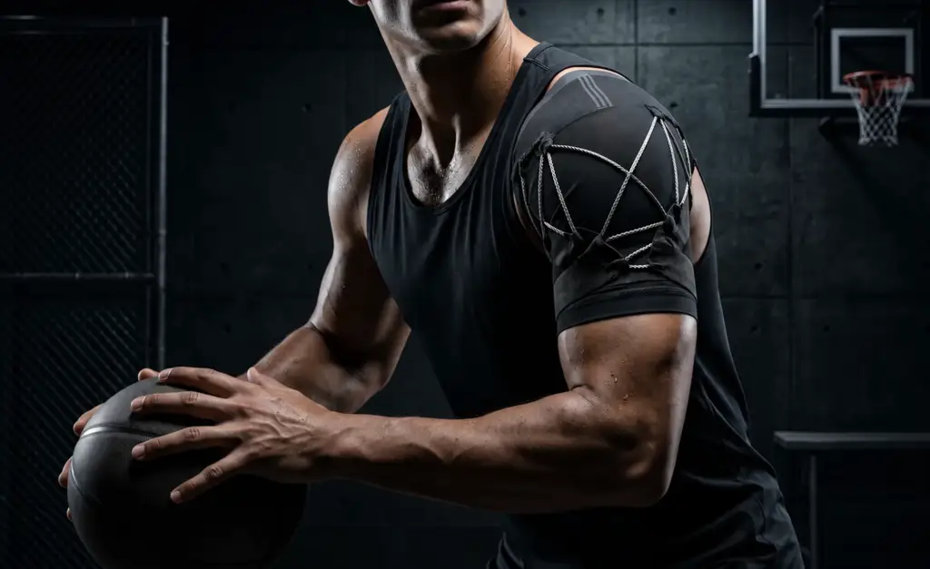Athlete standing with a basketball in a dark studio.