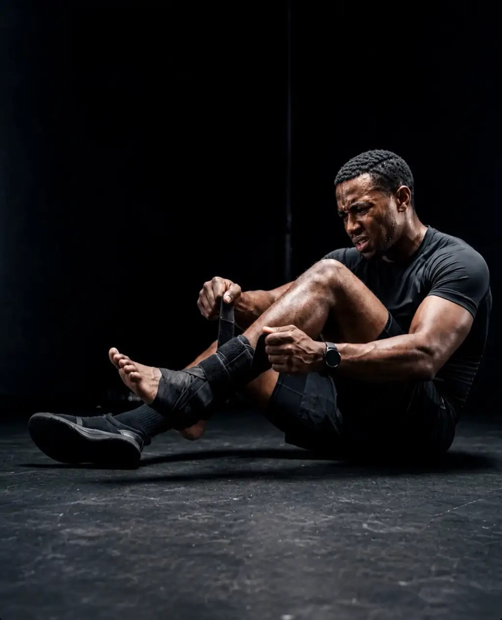Athlete seated wrapping a support in a dark studio.