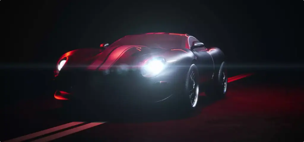 Automotive CGI renders of a sports coupe with headlights on in a dark studio setting