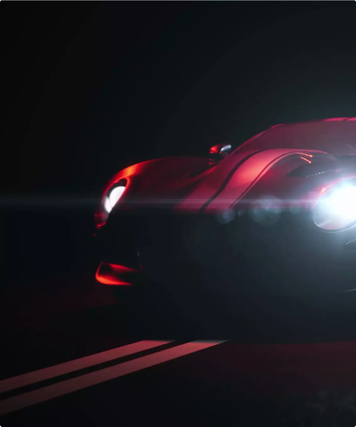 Automotive CGI renders of a sports coupe front end with bright headlights and red accents