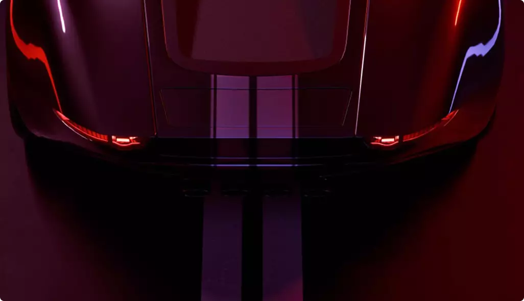 Automotive CGI renders of a sports coupe rear view with racing stripes and red studio lighting