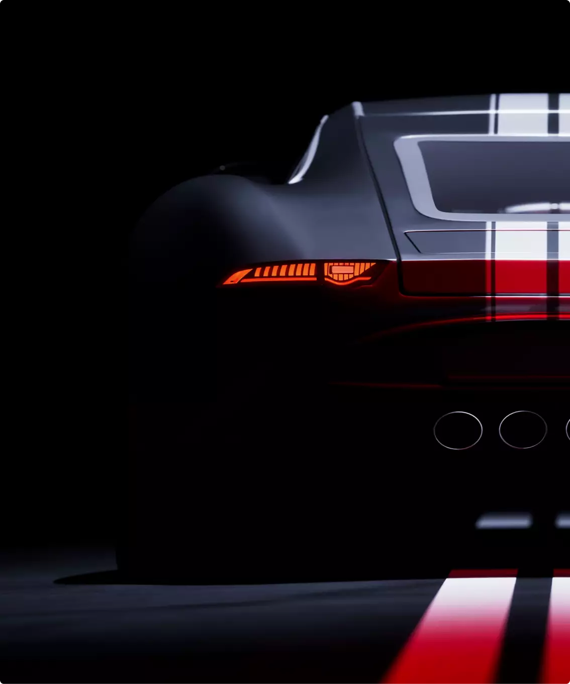 Automotive CGI renders of a coupe taillight close-up with racing stripes in a dark studio