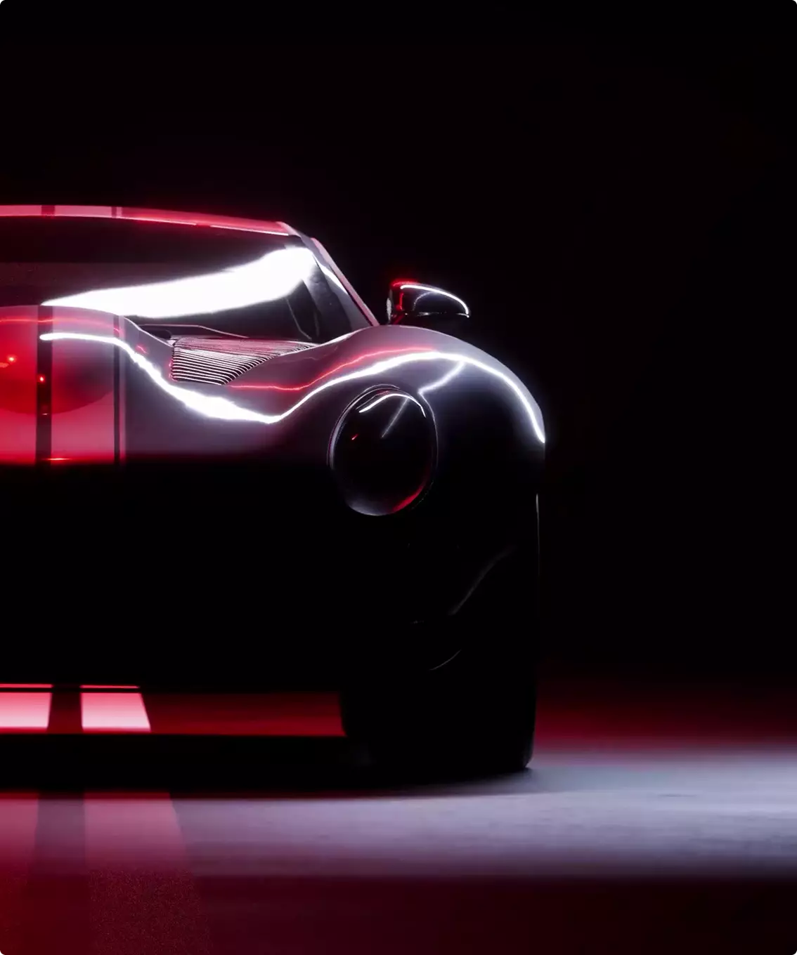 Automotive CGI renders from above of a striped sports coupe in dramatic red lighting