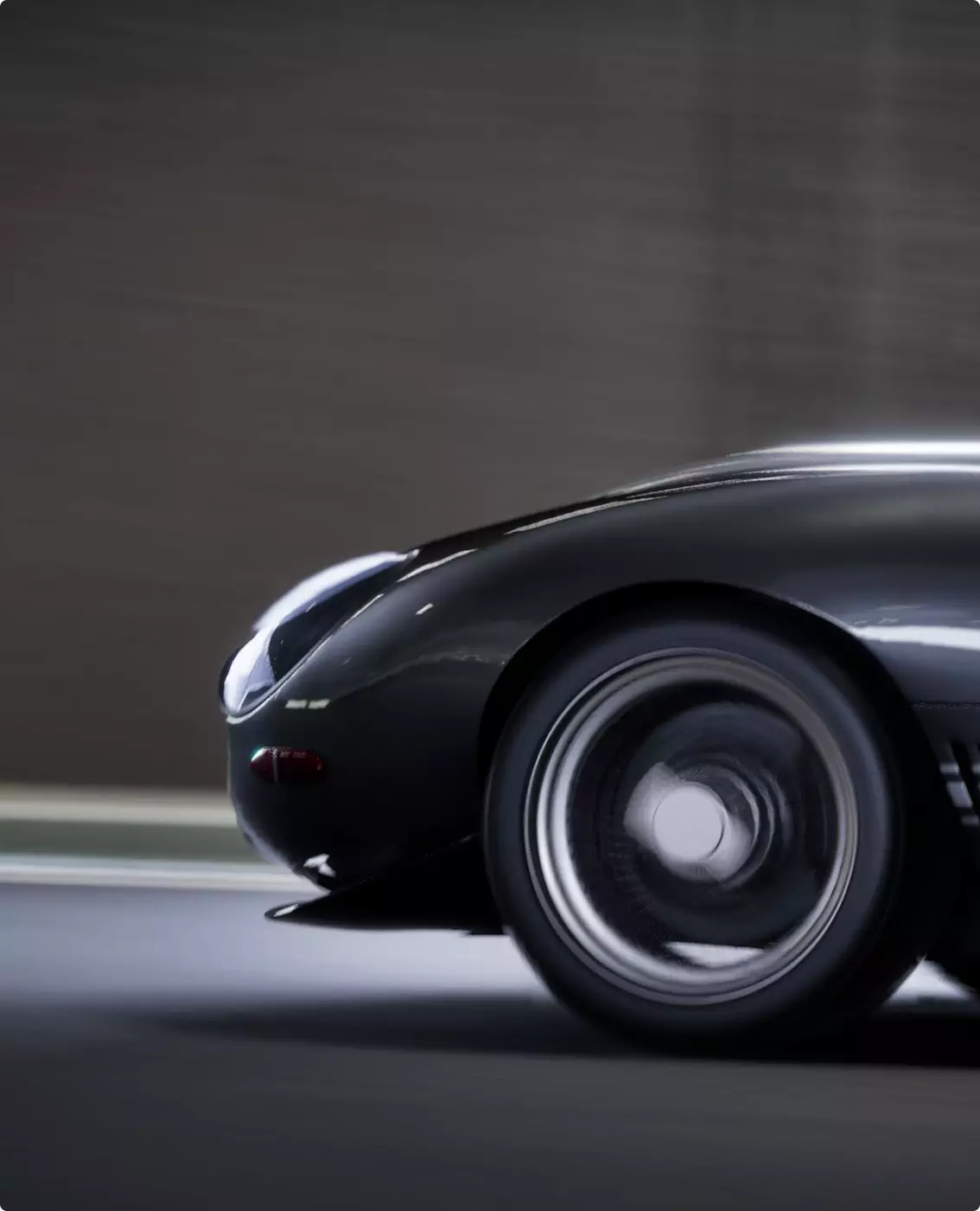 Automotive CGI renders of a black sports coupe wheel in motion through a tunnel