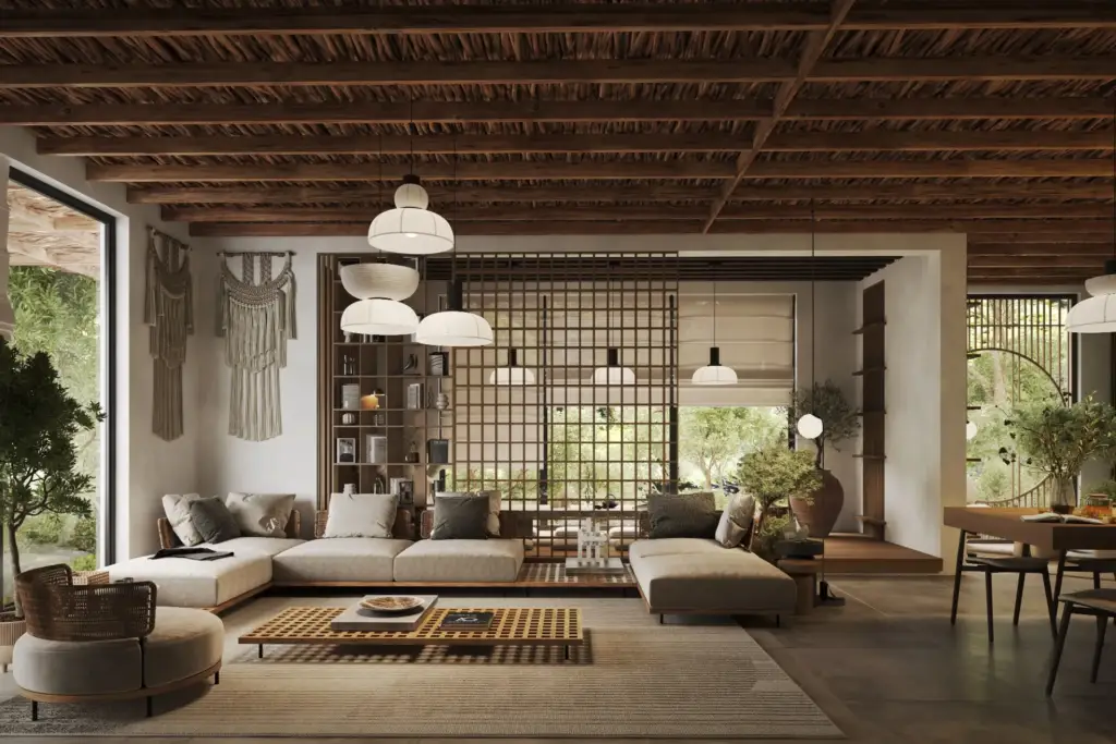Bali Serenity villa living room render with rattan ceiling and japandi furniture by a Bali 3D studio.