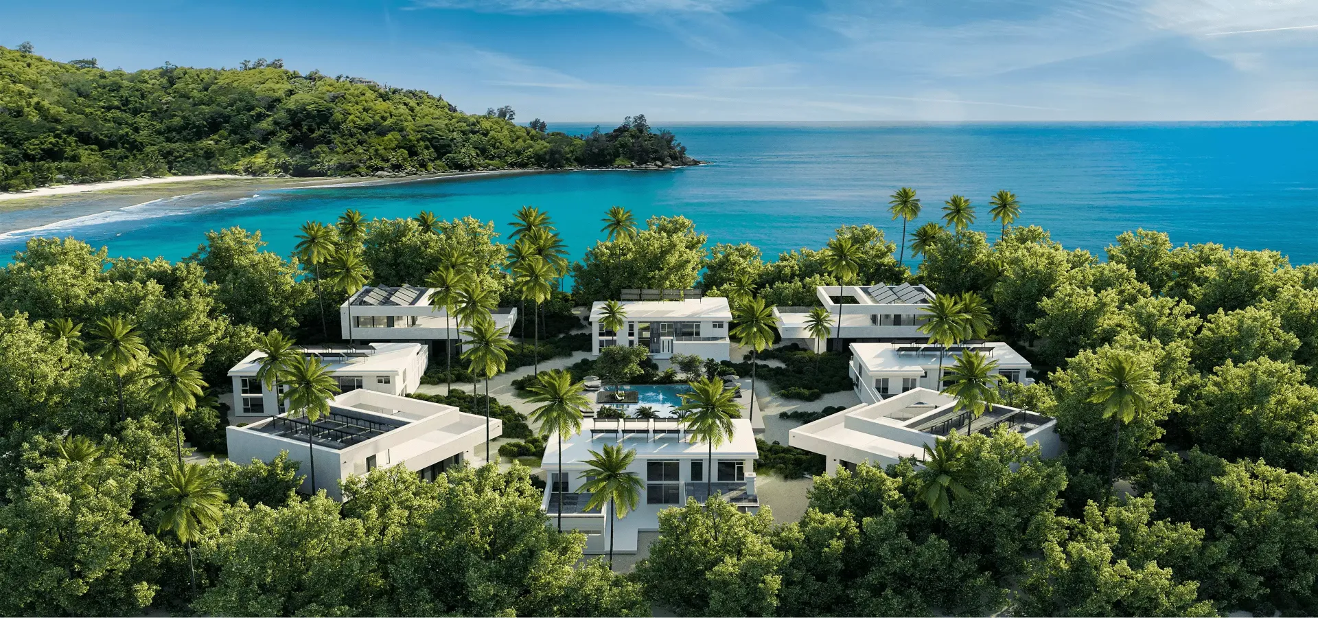 Beachfront hotel villas with bay view, 3D rendering for a Seychelles resort visualization project.