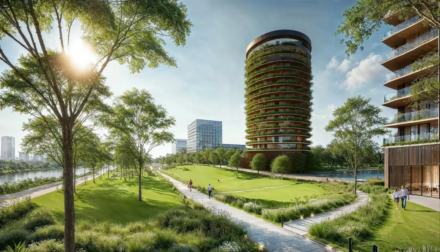 Best 3D Rendering Companies in Abu Dhabi for Real Estate & Architecture Green park with circular eco tower and path, Best 3D Rendering Companies in Abu Dhabi for Real Estate & Architecture