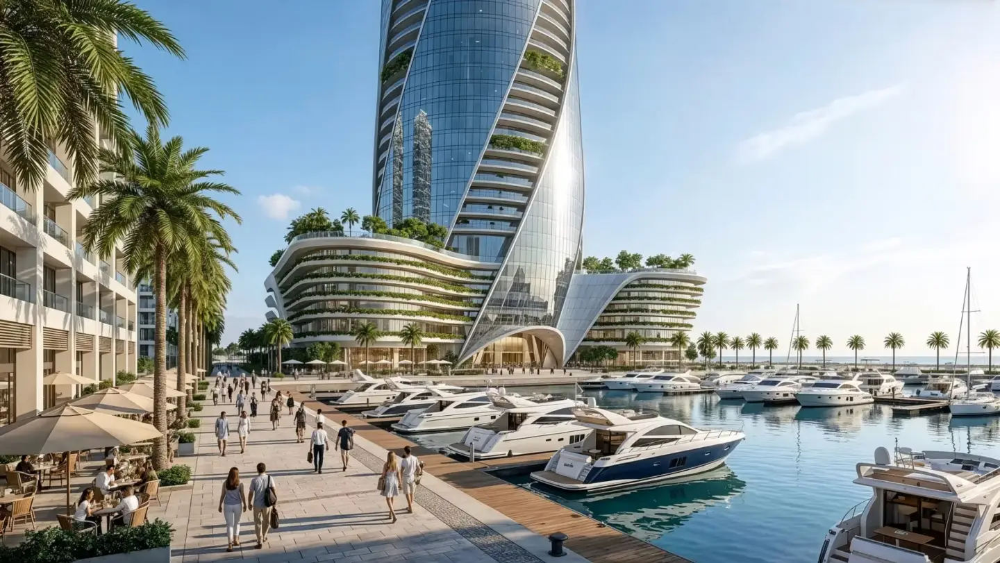 Best 3D Rendering Companies in Abu Dhabi for Real Estate & Architecture Futuristic waterfront tower with marina and yachts, Best 3D Rendering Companies in Abu Dhabi for Real Estate & Architecture