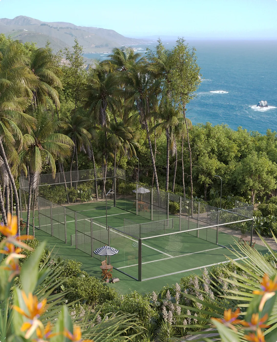 Coastal villa CGI render with private padel court in foreground and ocean horizon — premium hospitality visualization.