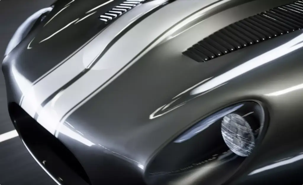 Custom luxury car CGI hood close-up, silver finish with stripes and headlight detail