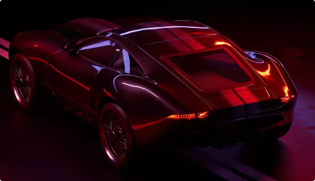 Custom luxury car CGI rear three-quarter view, red lighting and sleek coupe design
