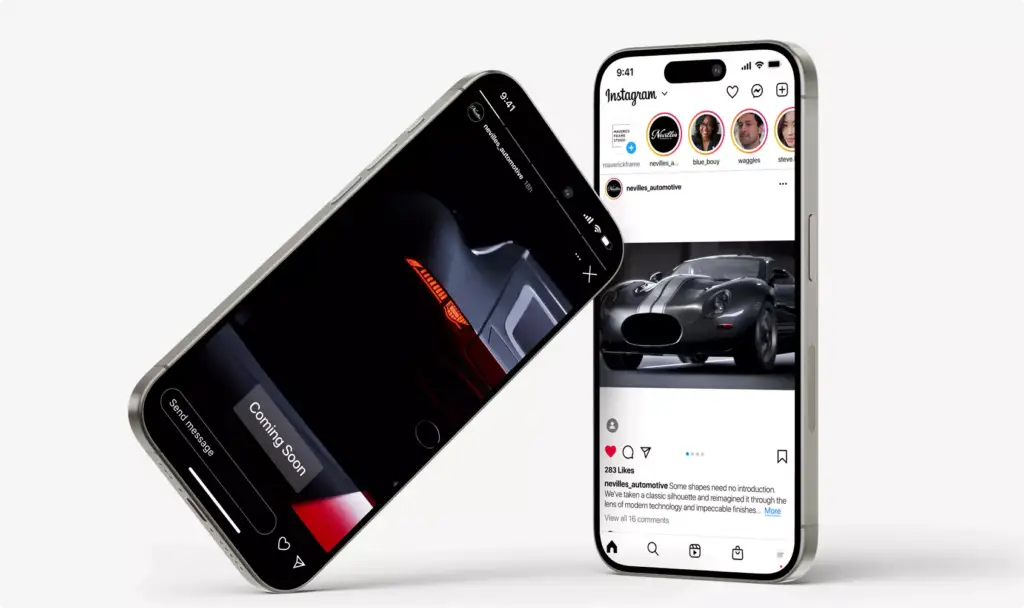 Custom luxury car CGI shown on smartphone social media screens with promotional display
