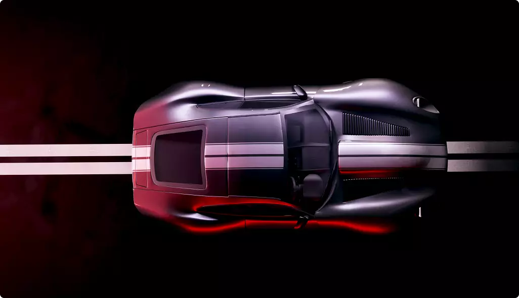 Custom luxury car CGI from above, black body with racing stripes and red underglow