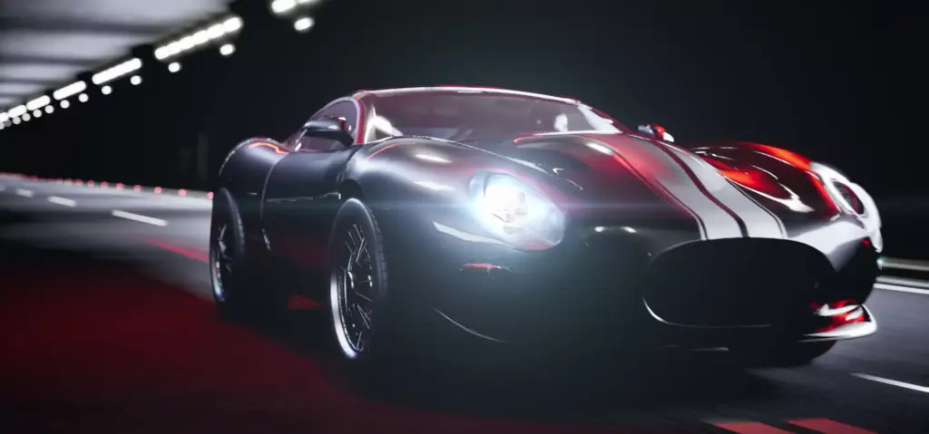 Custom luxury car CGI in tunnel, front angle with bright headlights and racing stripes