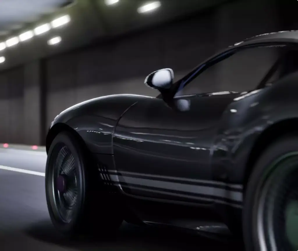 Custom luxury car CGI driving through tunnel, side view with motion blur and dark finish