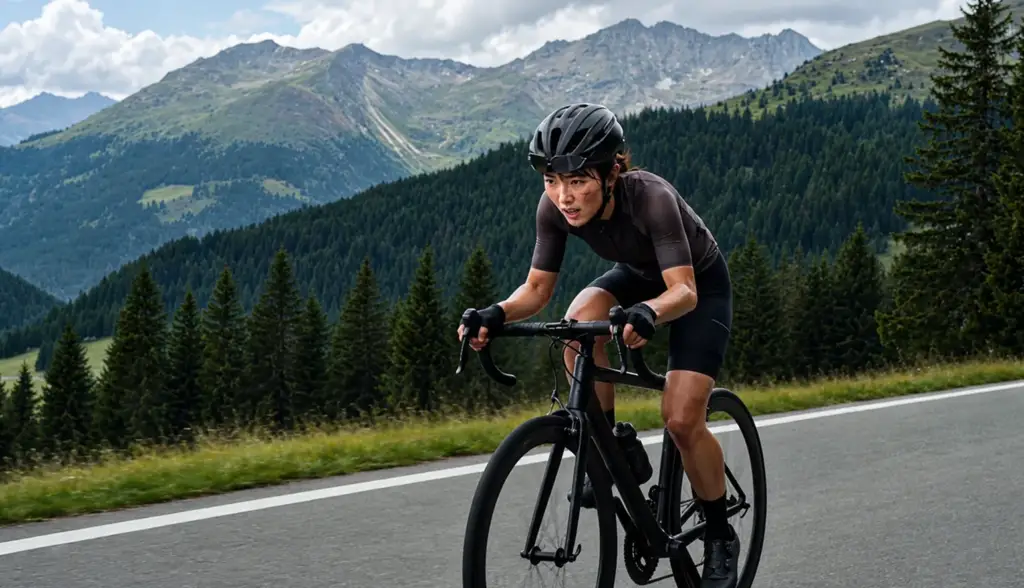 Cyclist riding a mountain road, endurance lifestyle.
