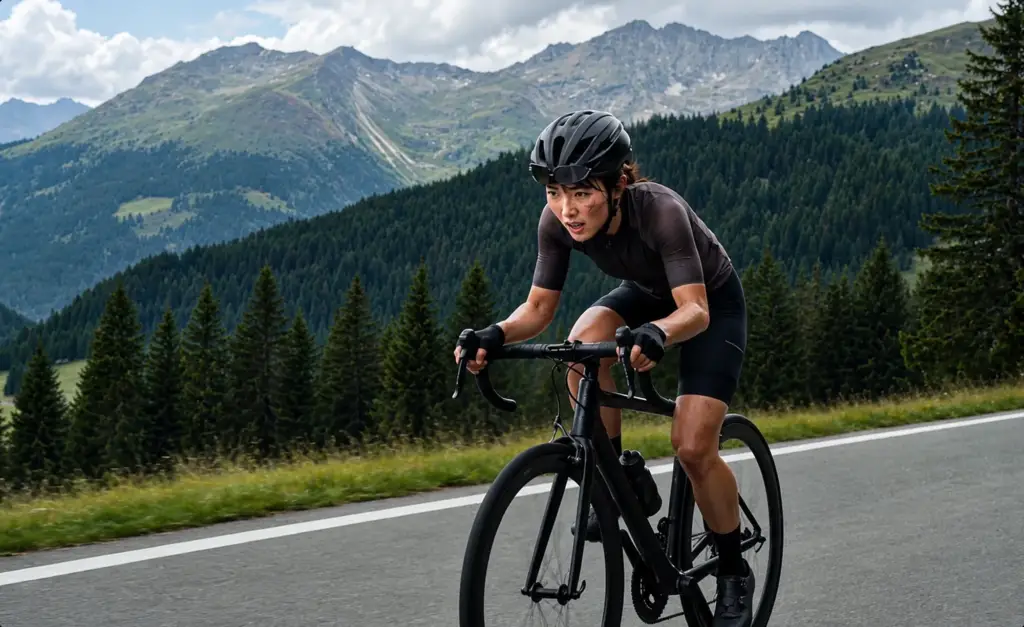 Cyclist on a mountain road, wide endurance scene.