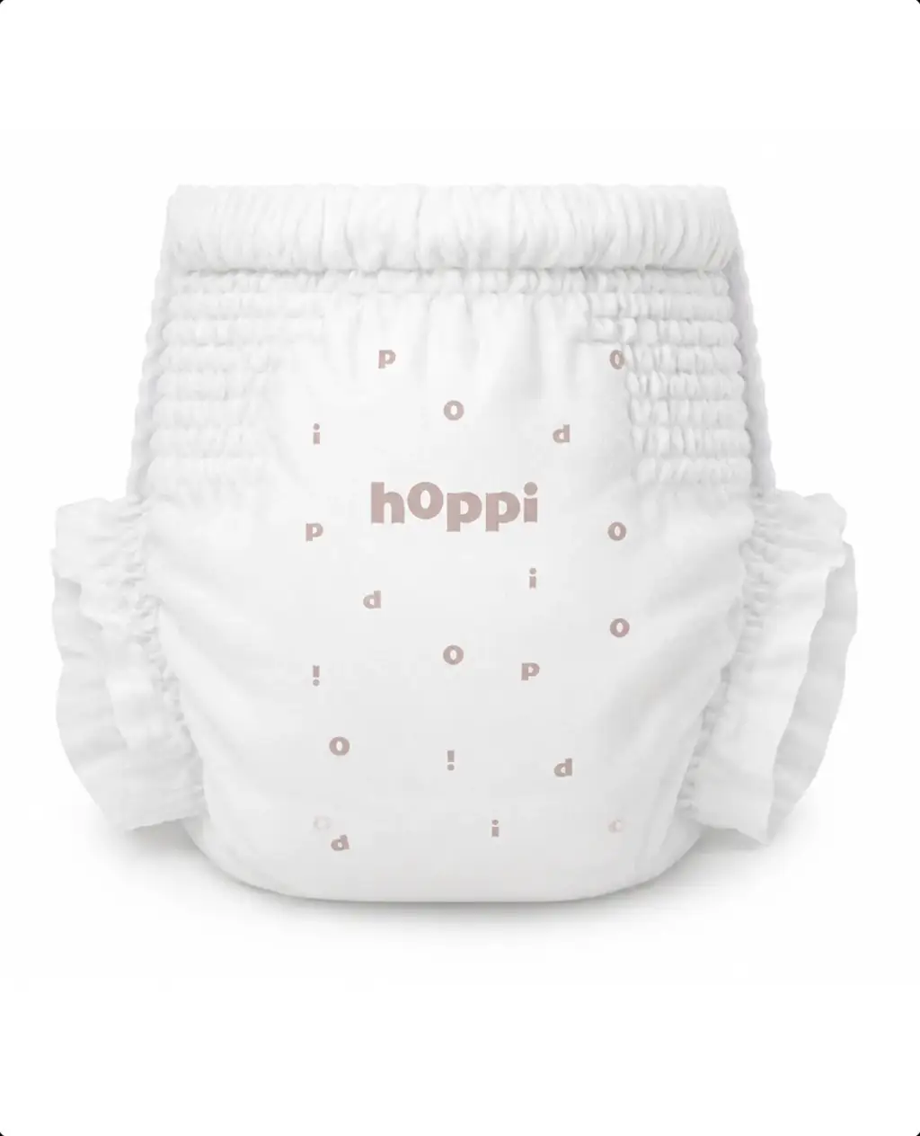 Back view of a diaper with ruched stretch waistband, baby diaper product render.