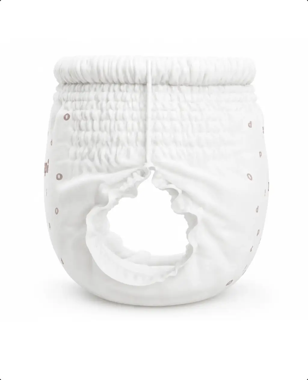 Front view of a diaper showing the leg opening, baby diaper product render.