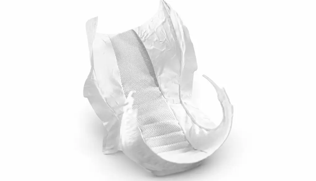 Open diaper showing soft absorbent core layers, baby diaper product visualization.