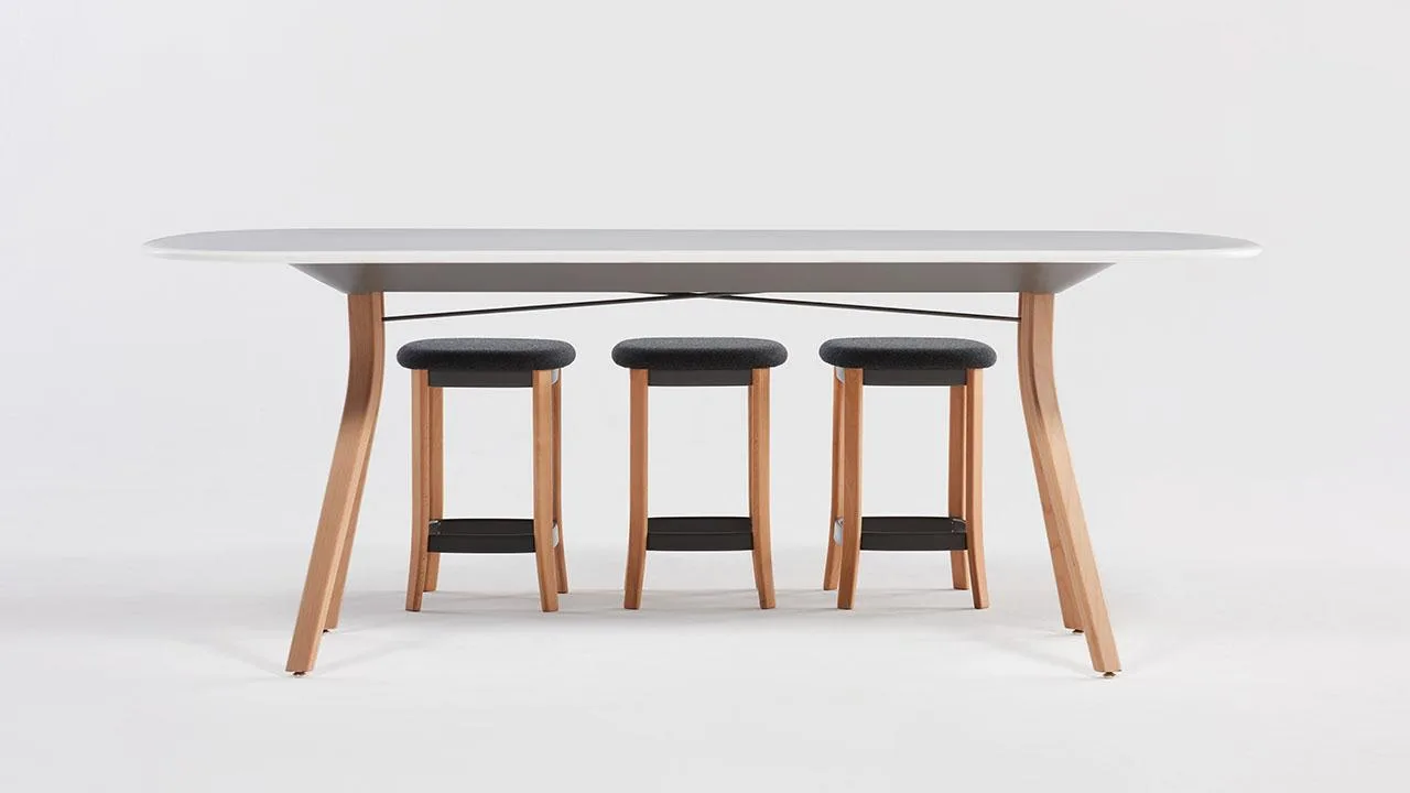 CGI dining table and stools rendered as a catalog product card on a white background