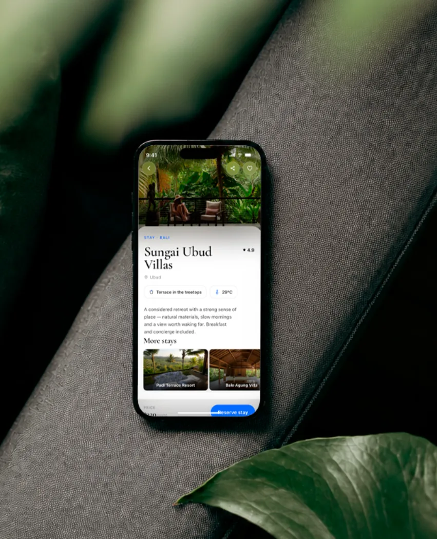 Escape travel app browsing screen design