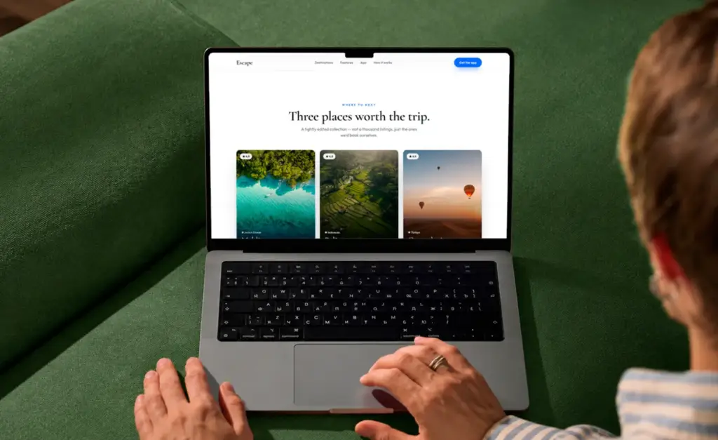 Escape marketing website shown on a laptop — Three places worth the trip