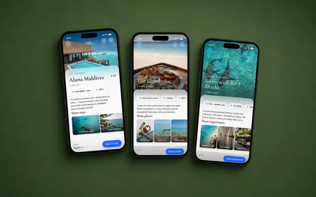 Escape app screen centring a stay, place or route with clear hierarchy