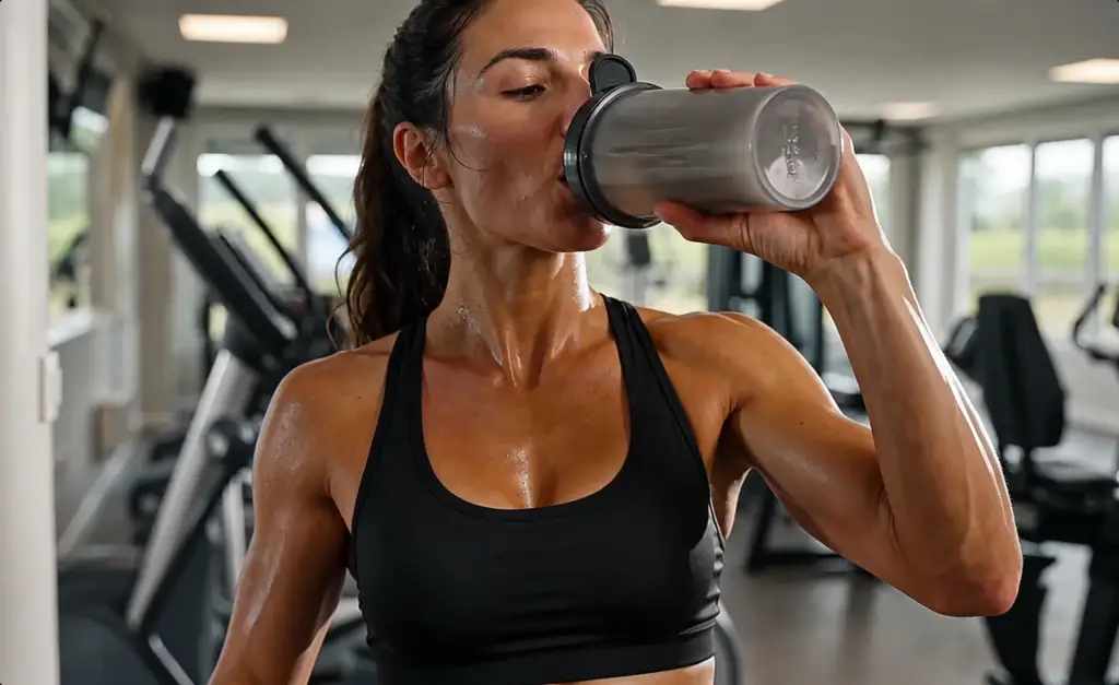 Female athlete hydrating, wide lifestyle scene.