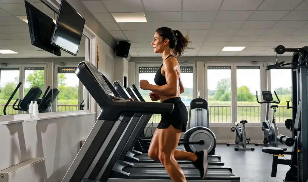 Female athlete training on a treadmill in a gym.