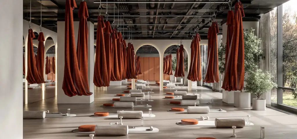 Aerial yoga room fitness center interior design with hanging hammocks, mirrors, mats, and soft natural light