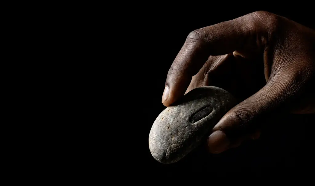 Hand holding a smooth engraved stone on a black background.