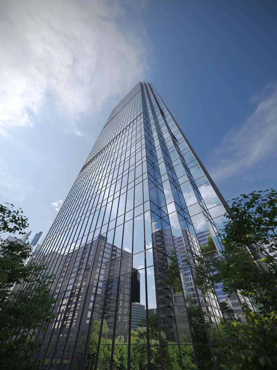 Best 3D Rendering Companies in Argentina, Ranked (2026) High-rise glass tower architectural visualization against a blue sky