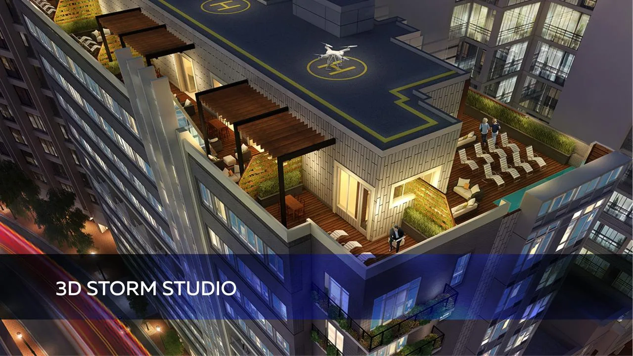 Rooftop architectural CGI scene High rise rooftop architectural visualization produced by 3D rendering studio