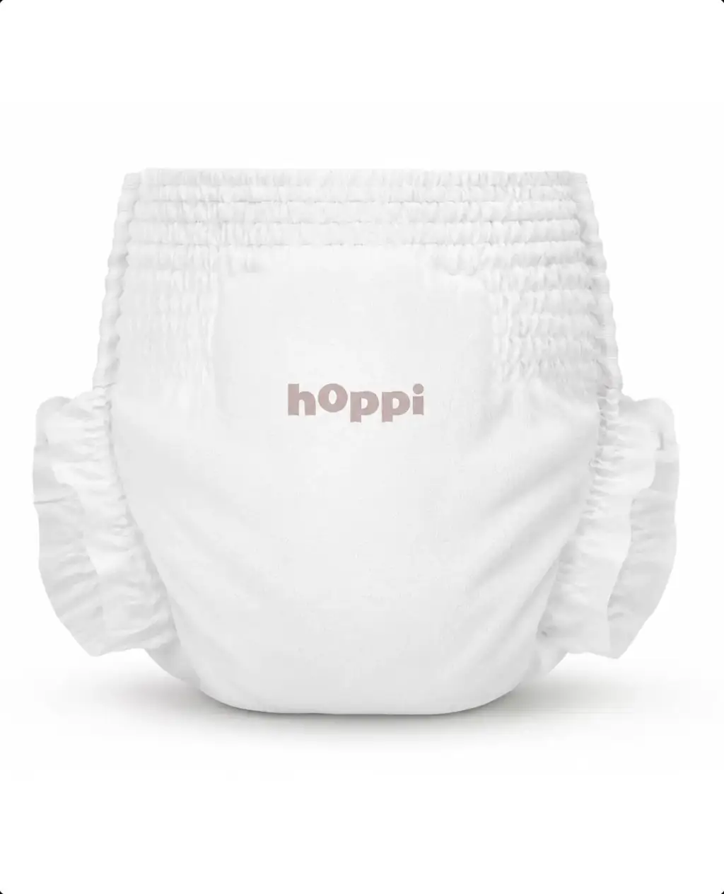 Clean front view of a hoppi diaper, baby diaper product render.