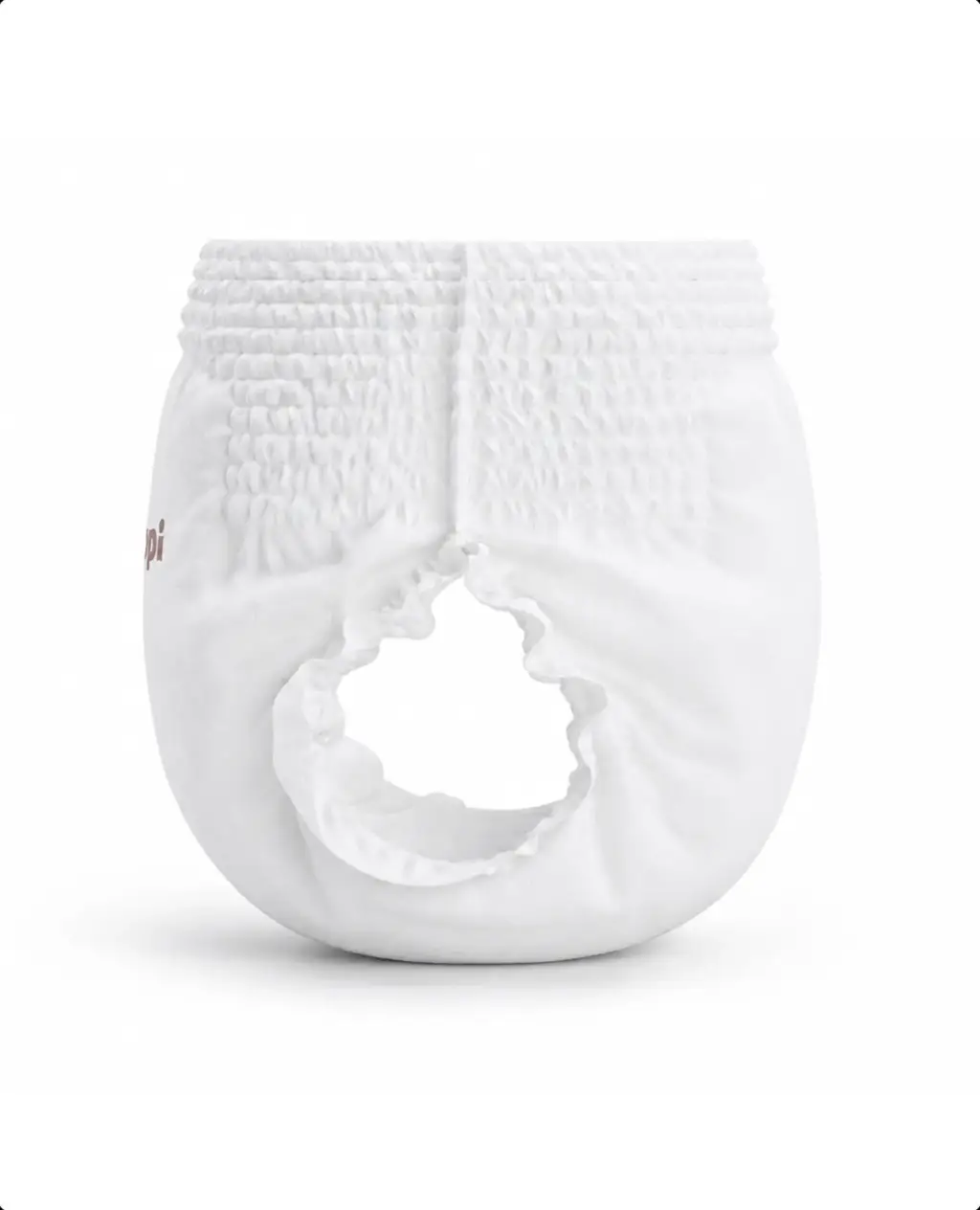 Front view of a hoppi diaper with open leg cuff, baby diaper product render.