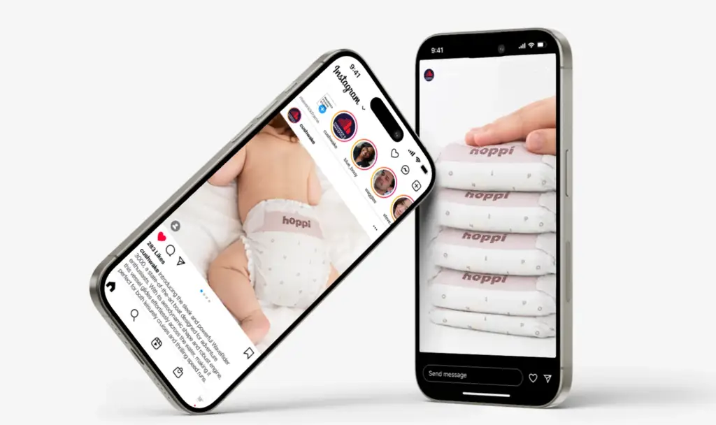 hoppi diaper renders shown on smartphone social media mockups, baby diaper marketing visuals.