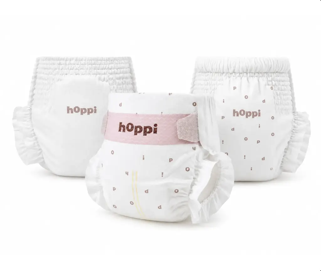 Three product renders of a diaper pack shown front and back — the kind of 3D asset reused in product animation.