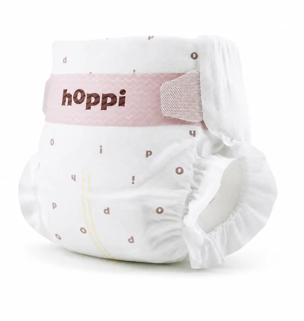 Three-quarter back view of a hoppi diaper with fastening tab, baby diaper product render.