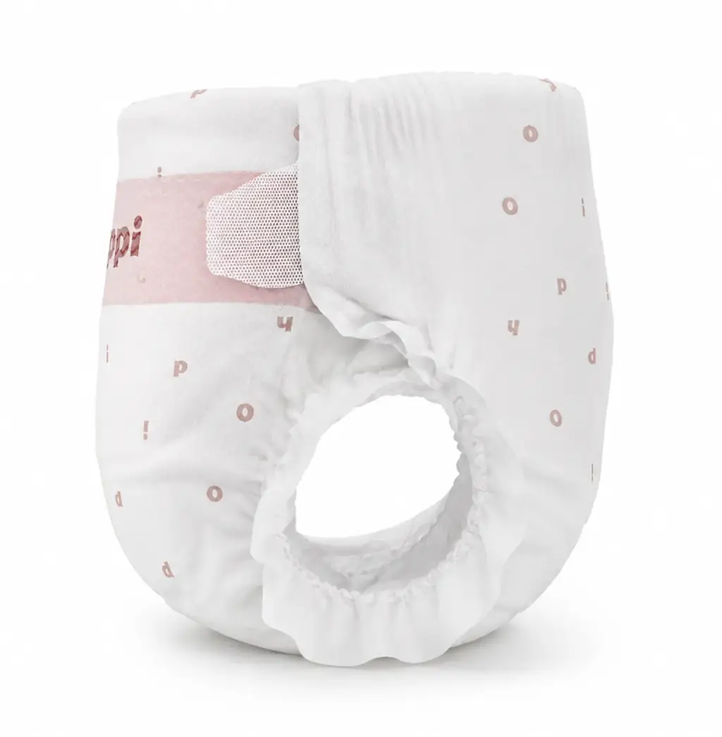 Three-quarter view of a printed hoppi diaper, baby diaper product render.