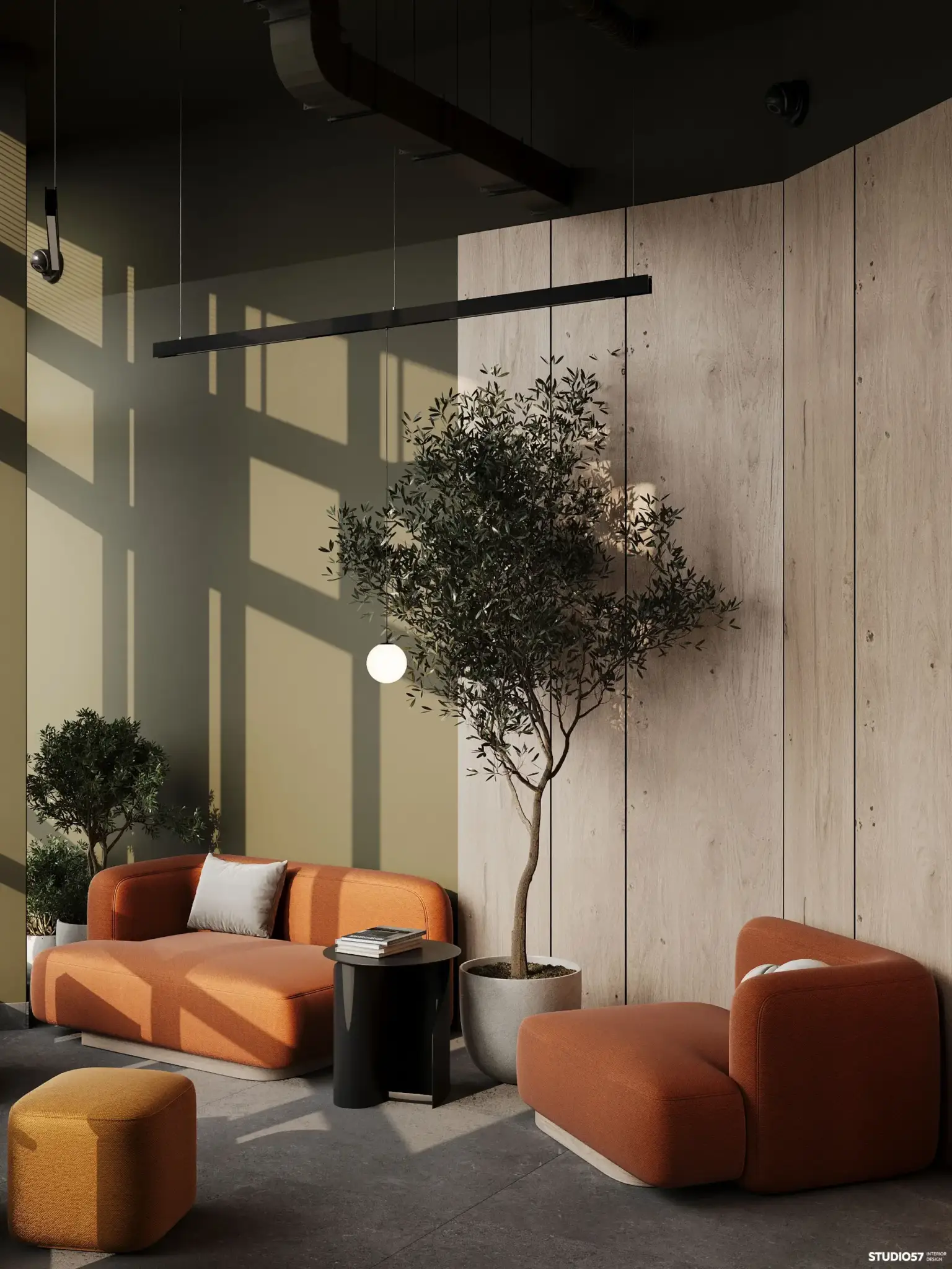 Interior Design Styles: A Visual Guide to 14 Popular Looks Terracotta lounge interior render with an olive tree in a warm contemporary style