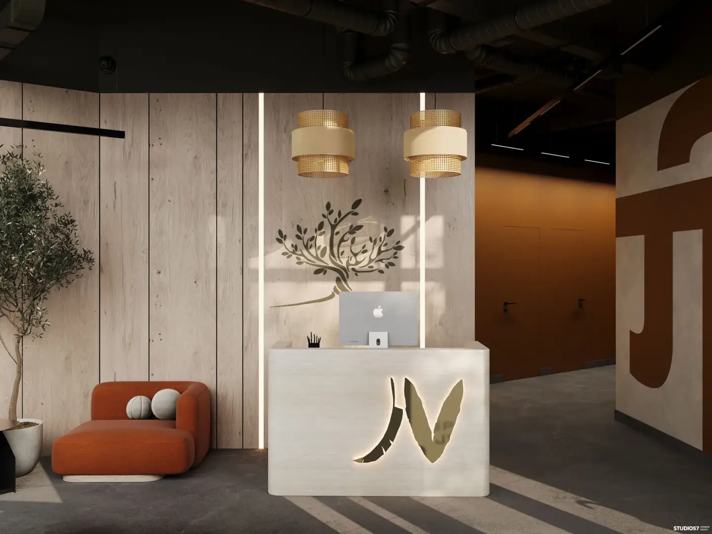 Best 3D Rendering Companies in Hungary, Ranked Photoreal 3D render of a modern office reception with wooden panelling, designer lighting and a branded desk