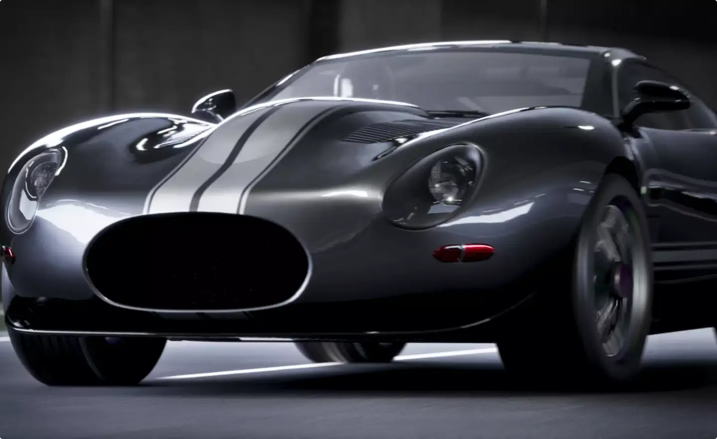 Jaguar-inspired custom car front view driving through a tunnel with racing stripes